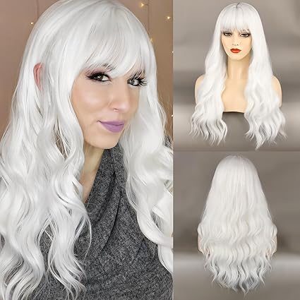 Wig store-Wavy-FORCUTEU White Wig with Bangs Long Wig for Women Wavy Wigs Heat Resistant Wigs for Daily Party Halloween Cosplay Use (White- 26 Inch) Wig store-Wavy-FORCUTEU White Wig with Bangs Long Wig for Women Wavy Wigs Heat Resistant Wigs for Daily Party Halloween Cosplay Use (White- 26 Inch)
