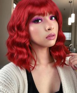 Wig store-BOB with Bangs-Fancy Hair Red Wavy Bob Wig Short Wavy Wig with Bangs Glueless Wear and Go Wig Synthetic Shoulder Length Bob for Girl Women Daily Party Use