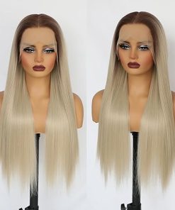 Wig store-Straight-Lovestory Blonde Ombre Heat Resistant Synthetic Lace Front Wigs Long Straight Wig Pre Plucked Glueless Synthetic Lace Hair Wigs for Women 2