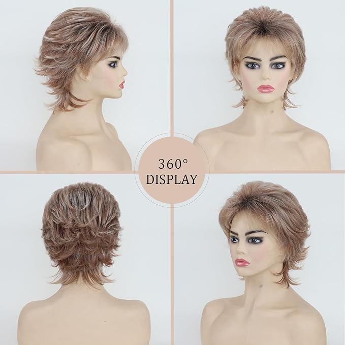 Wig store-Wavy-TISHINING Pixie Layered Short Brown Wigs for White Women Ombre Brown Mix Blonde Pixie Cut Synthetic Short Hair Wig with Bangs Natural Looking Daily Party Wig 2 Wig store-Wavy-TISHINING Pixie Layered Short Brown Wigs for White Women Ombre Brown Mix Blonde Pixie Cut Synthetic Short Hair Wig with Bangs Natural Looking Daily Party Wig - Image 2