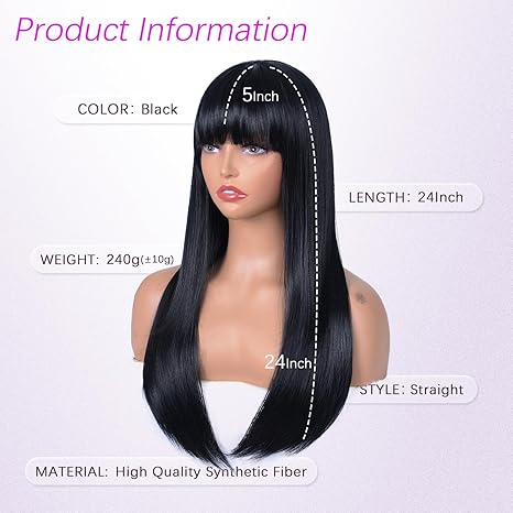 Wig store-Straight-Black Wig with Bangs for Women – Long Straight Heat Resistant Synthetic Wig for Daily Use- Party 2 Wig store-Straight-Black Wig with Bangs for Women – Long Straight Heat Resistant Synthetic Wig for Daily Use- Party - Image 2