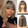 Wig store-Straight-Short Bob Wig with Bangs Human Hair 1B/27# Honey Blonde Highlight Wig 2.5×1 Inch Lace Bob Wig Human Hair 180 Density Layered Cut Bob Wig Wear and Go Glueless Wigs with Bangs 10 Inch