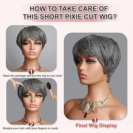Wig store-Straight-Short Pixie Cut Wigs Salt and Pepper Silver Grey Human Hair- Short Layered Natural Wavy Pixie Cut Wigs Daily Use Glueless Wear and Go Old Lady Salt and Pepper Silver Grey Wig with Bangs for Women 3 Wig store-Straight-Short Pixie Cut Wigs Salt and Pepper Silver Grey Human Hair- Short Layered Natural Wavy Pixie Cut Wigs Daily Use Glueless Wear and Go Old Lady Salt and Pepper Silver Grey Wig with Bangs for Women - Image 3
