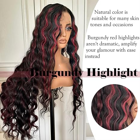 Wig store-Curly-X-TRESS Red Highlight Synthetic Lace Front Wigs 30 Inch Loose Deep Wave Lace Frontal Wigs Pre Plucked Natural Black Deep Wave Wigs with Burgundy Highlight for Black Women with Baby Hair 2 Wig store-Curly-X-TRESS Red Highlight Synthetic Lace Front Wigs 30 Inch Loose Deep Wave Lace Frontal Wigs Pre Plucked Natural Black Deep Wave Wigs with Burgundy Highlight for Black Women with Baby Hair - Image 2