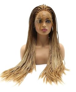Wig store-Wavy-BTWTRY Micro Braided Lace Front Wigs Dark Roots Brown Ombre Honey Blonde Wig with Baby Hair Heat Resistant Fiber Synthetic Lace Front Braid Wig Box Braids Wig (24Inch- Brown/Honey Blonde)