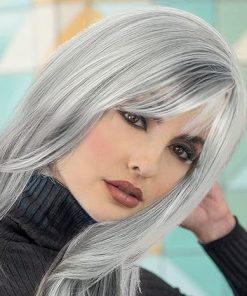 Wig store-Wavy-KRSI Grey Layered Synthetic Wigs for White Women- Wig With Bangs Side Part Layered Mixed Silver Grey Wavy Natural Hair Wig for Women Daily Party Gray Wigs(Silver Gray)