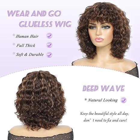 Wig store-Curly-HUA Short Curly Human Hair Wig With Bangs for Black Women Glueless Deep Wave Bob 4/30 Highlight Wig Human Hair With Bangs 12 Inch Curly Bob Wigs Human Hair Glueless Wear And Go for Black Women 3 Wig store-Curly-HUA Short Curly Human Hair Wig With Bangs for Black Women Glueless Deep Wave Bob 4/30 Highlight Wig Human Hair With Bangs 12 Inch Curly Bob Wigs Human Hair Glueless Wear And Go for Black Women - Image 3