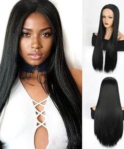 Wig store-Long Hair-Synthetic Lace Front Wigs For Women Black Straight Hair Glueless 13×1 Long Straight Natural Heat Resistant Fiber Natural Wig With 26 Inch (Black)
