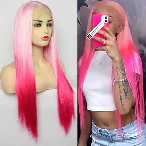 Wig store-Straight-Ombre Pink Lace Front Wigs with Light Pink 2 Tones Color Long Natural Straight Half Hand Tied Synthetic Hair Replacement Wigs 22Inch for Women 3 Wig store-Straight-Ombre Pink Lace Front Wigs with Light Pink 2 Tones Color Long Natural Straight Half Hand Tied Synthetic Hair Replacement Wigs 22Inch for Women - Image 3