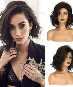 Wig store-Thick-12″ Dark Brown Curly Wavy Short Bob Wig With Bangs For Girls Women Daily Use Shoulder Length Side Part Synthetic Hair Replacement Wigs Natural Looking Costume Cosplay Wig