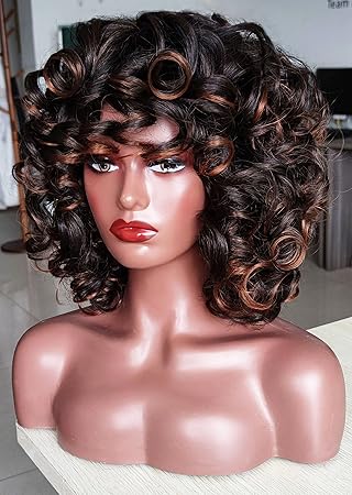 Wig store-Curly-ELIM Ombre Brown Short Afro Big Curly Wigs for Black Women with 7 PCS Accessories- Natural Looking Kinky Curly Bangs Wig Synthetic Hair Replacement Wig for Daily Party Use Z301BB 3 Wig store-Curly-ELIM Ombre Brown Short Afro Big Curly Wigs for Black Women with 7 PCS Accessories- Natural Looking Kinky Curly Bangs Wig Synthetic Hair Replacement Wig for Daily Party Use Z301BB - Image 3