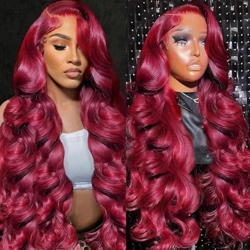 Wig store-Wavy-99j Burgundy Lace Front Wigs Human Hair 13x4 HD Transparent Body Wave Lace Front Wigs Human Hair Pre Plucked 180% Density Glueless Wine Red Human Hair Wigs for Women (24)