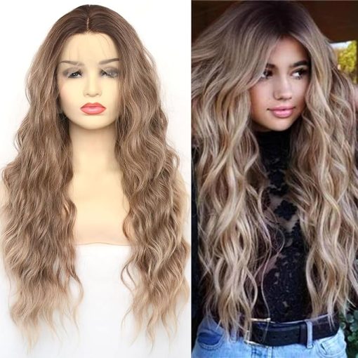 Wig store-Curly-Blonde Lace Front Wigs Ombre Brown Roots T-Lace Part Ash Blonde Long Curly Hair Wigs with Middle Part Synthetic Hair Replacement Full Wigs for Women Daily Wear (Ombre Brown- 22Inch)