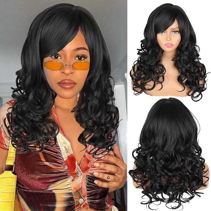 Wig store-Synthetic Wigs-Long Black Wavy Wig Curly Hair Wigs With Bangs for Black Women Natural Synthetic Replacement Wigs Heat Resistant Fiber Party Costume Wig Black Color Wigs 2 Wig store-Synthetic Wigs-Long Black Wavy Wig Curly Hair Wigs With Bangs for Black Women Natural Synthetic Replacement Wigs Heat Resistant Fiber Party Costume Wig Black Color Wigs - Image 2