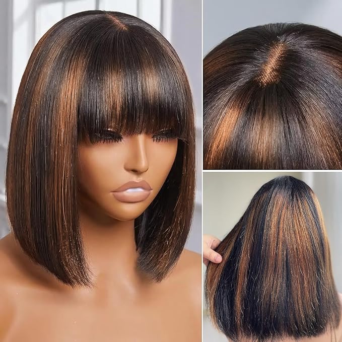 Wig store-Straight-Bob Wig Human Hair with Bangs Glueless 2.5×1 HD Lace Colsure Wigs Human-Yaki Bob Wig with Brown Highlights 2 Wig store-Straight-Bob Wig Human Hair with Bangs Glueless 2.5x1 HD Lace Colsure Wigs Human-Yaki Bob Wig with Brown Highlights - Image 2