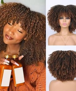 Wig store-Coily-Curly Wigs for Black Women 14Inch Black Afro Bomb Curly Wig with Bangs Synthetic Fiber Glueless Long Kinky Curly Hair for Daily Party (Black to Brown)