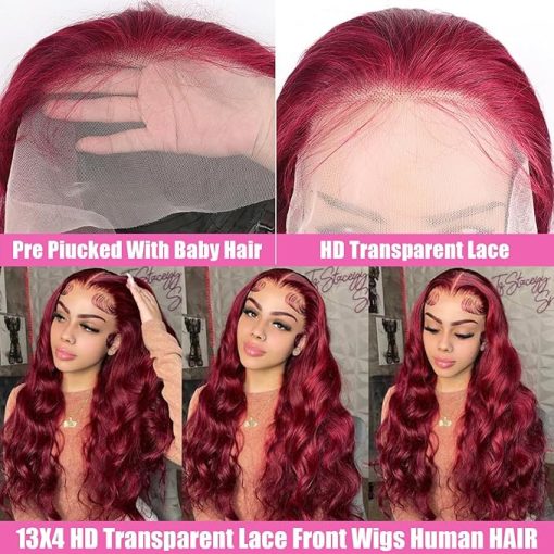 Wig store-Wavy-99j Burgundy Lace Front Wigs Human Hair 13x4 HD Transparent Body Wave Lace Front Wigs Human Hair Pre Plucked 180% Density Glueless Wine Red Human Hair Wigs for Women (24) - Image 3