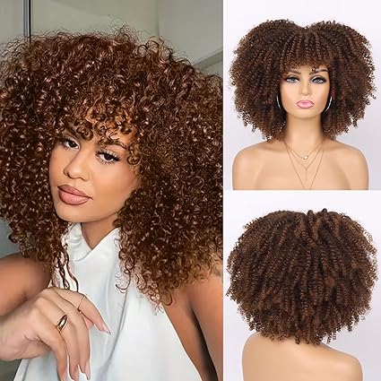 Wig store-Curly-Afro Kinky Curly Wigs for Black Women Natural Looking Short Bob Wig with Bangs None Lace Front Wig Long Kinky Curly Synthetic Hair for Daily Party (Ombre Brown- 14 Inch) Wig store-Curly-Afro Kinky Curly Wigs for Black Women Natural Looking Short Bob Wig with Bangs None Lace Front Wig Long Kinky Curly Synthetic Hair for Daily Party (Ombre Brown- 14 Inch)