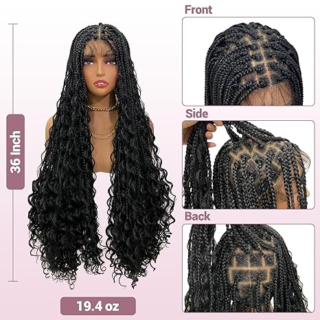 Wig store-Box Braided-36″ Boho Knotless Box Braided Wigs Full Double Lace Braid Wig for Black Women Lace Frontal Human Hair Blended Braided Wig with Boho Curls Lace Front Braids Wigs with Baby Hair (Black) 2 Wig store-Box Braided-36" Boho Knotless Box Braided Wigs Full Double Lace Braid Wig for Black Women Lace Frontal Human Hair Blended Braided Wig with Boho Curls Lace Front Braids Wigs with Baby Hair (Black) - Image 2
