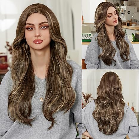 Wig store-Wavy-Long Wavy Wigs for Women Brown Wigs Blonde Highlights Wigs Middle Part Long Curly Wig 28Inch Heat Resistant Wig Hair Replacement Wigs Natural Looking Synthetic Wig for Holiday Daily Party Use Wig store-Wavy-Long Wavy Wigs for Women Brown Wigs Blonde Highlights Wigs Middle Part Long Curly Wig 28Inch Heat Resistant Wig Hair Replacement Wigs Natural Looking Synthetic Wig for Holiday Daily Party Use