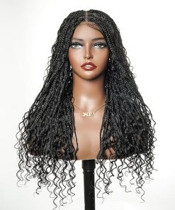 Wig store-box-24″ Glueless Pre Cut HD Full Elastic Lace Lightweight Ready-To-Go Boho Box Braided Wig with Human Hair Boho Curls for Black Women- 100 Strands