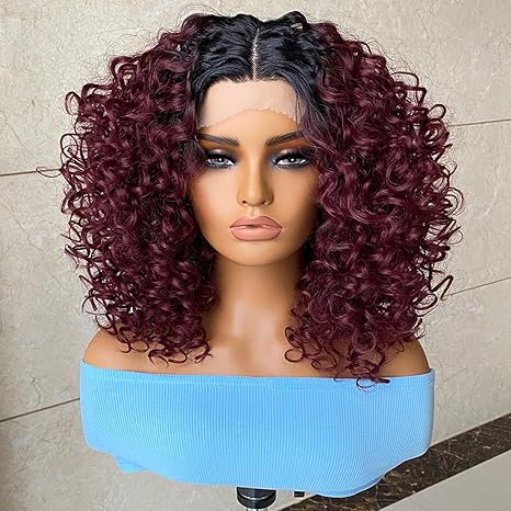 Wig store-Curly-Felek 16inch Curly Lace Front Wigs Middle Part Jerry Curl Wig Ombre Burgundy Color T Lace Front Curly Synthetic Pre-Plucked Deep Curly Wigs For Black Women(T1B/BUG) Wig store-Curly-Felek 16inch Curly Lace Front Wigs Middle Part Jerry Curl Wig Ombre Burgundy Color T Lace Front Curly Synthetic Pre-Plucked Deep Curly Wigs For Black Women(T1B/BUG)