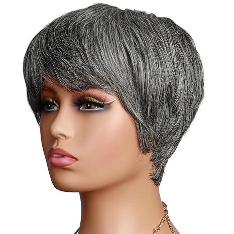 Wig store-Straight-Short Pixie Cut Wigs Salt and Pepper Silver Grey Human Hair- Short Layered Natural Wavy Pixie Cut Wigs Daily Use Glueless Wear and Go Old Lady Salt and Pepper Silver Grey Wig with Bangs for Women Wig store-Straight-Short Pixie Cut Wigs Salt and Pepper Silver Grey Human Hair- Short Layered Natural Wavy Pixie Cut Wigs Daily Use Glueless Wear and Go Old Lady Salt and Pepper Silver Grey Wig with Bangs for Women