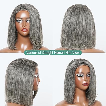 Wig store-Curly-12″ Glueless Salt And Pepper Human Hair Wigs Staight Grey Bob Wig Human Hair 5×5 Closure Grey HD Lace Front Human Hair Wigs Pre Cut Pre Plucked Hairline Gray Short Bob Wigs for Black Women 2 Wig store-Curly-12" Glueless Salt And Pepper Human Hair Wigs Staight Grey Bob Wig Human Hair 5x5 Closure Grey HD Lace Front Human Hair Wigs Pre Cut Pre Plucked Hairline Gray Short Bob Wigs for Black Women - Image 2