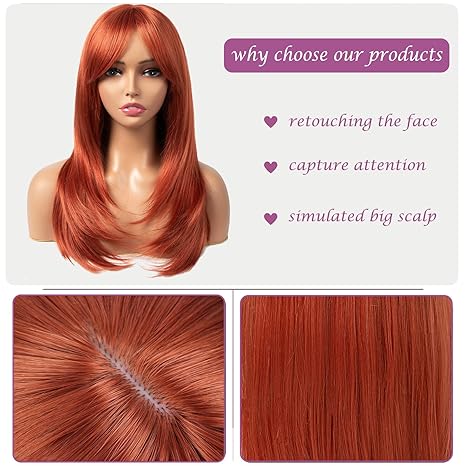 Wig store-Straight-Copper red Wig with Bangs 22 Inch Centre Parting Long Straight Layered Wig for Women Natural Looking Heat Resistant Synthetic hair Wigs for Daily Party Use(Copper red) 2 Wig store-Straight-Copper red Wig with Bangs 22 Inch Centre Parting Long Straight Layered Wig for Women Natural Looking Heat Resistant Synthetic hair Wigs for Daily Party Use(Copper red) - Image 2