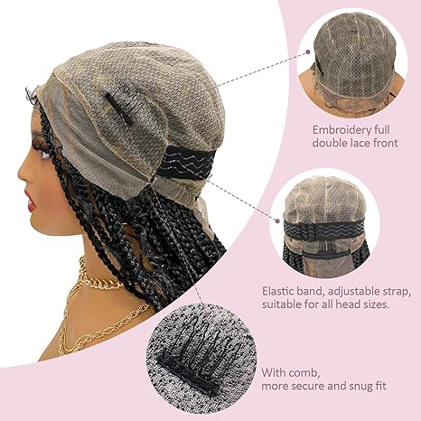 Wig store-Box Braided-36″ Boho Knotless Box Braided Wigs Full Double Lace Braid Wig for Black Women Lace Frontal Human Hair Blended Braided Wig with Boho Curls Lace Front Braids Wigs with Baby Hair (Black) 3 Wig store-Box Braided-36" Boho Knotless Box Braided Wigs Full Double Lace Braid Wig for Black Women Lace Frontal Human Hair Blended Braided Wig with Boho Curls Lace Front Braids Wigs with Baby Hair (Black) - Image 3