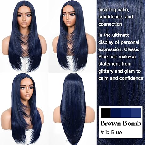 Wig store-Straight-Dark Blue Wear and Go Glueless Wigs Pre Plucked Pre Cut for Beginners Synthetic Lace Front Wig for Woman Long layered Straight Wigs with Bangs 26 Inch 3 Seconds to Wear for Beginners 3 Wig store-Straight-Dark Blue Wear and Go Glueless Wigs Pre Plucked Pre Cut for Beginners Synthetic Lace Front Wig for Woman Long layered Straight Wigs with Bangs 26 Inch 3 Seconds to Wear for Beginners - Image 3