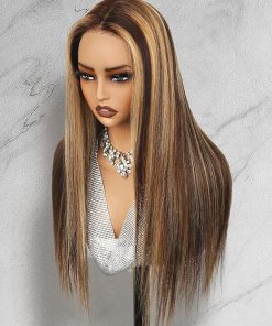 Wig store-Straight-Highlight Ombre Lace Front Wig Human Hair 180% Density-13×4 Straight 4/27 Honey Blonde HD Lace Front Wig Human Hair Pre Plucked Colored Lace Front Wigs for Black Women 24Inch