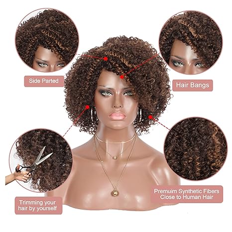 Wig store-Curly-Kalyss Brown Highlights Short Afro Kinky Curly Wigs for Black Women Premium Synthetic Hair Wigs with Hair Bangs 150% Density Bouncy and Full Natural Looking Hair Wigs 3 Wig store-Curly-Kalyss Brown Highlights Short Afro Kinky Curly Wigs for Black Women Premium Synthetic Hair Wigs with Hair Bangs 150% Density Bouncy and Full Natural Looking Hair Wigs - Image 3