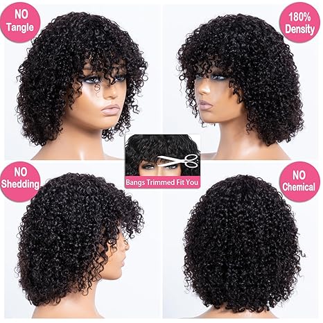 Wig store-Curly-Short Curly Human Hair Wigs with Bangs Jerry Curl Glueless Bob Wig Human Hair with Bang Wear and Go No Lace Wig 180 Density 100% Real Unprocessed Brazilian Virgin Hair Natural Black 12 Inch 3 Wig store-Curly-Short Curly Human Hair Wigs with Bangs Jerry Curl Glueless Bob Wig Human Hair with Bang Wear and Go No Lace Wig 180 Density 100% Real Unprocessed Brazilian Virgin Hair Natural Black 12 Inch - Image 3