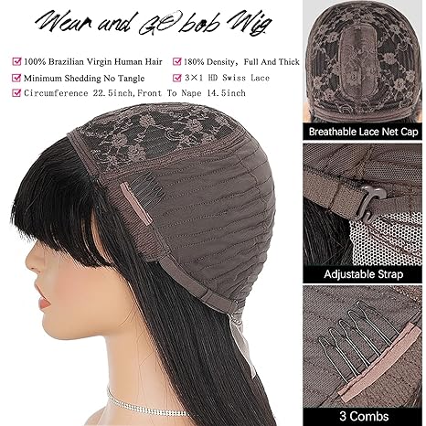 Wig store-Wavy-Beroyal Bob wig Natural Black Applicable to Black women Straight Human hair 180% Density Glueless Pre bleached knots 3×1 Pre cut lace(bob wig 1B with bangs- 10 inch) 3 Wig store-Wavy-Beroyal Bob wig Natural Black Applicable to Black women Straight Human hair 180% Density Glueless Pre bleached knots 3x1 Pre cut lace(bob wig 1B with bangs- 10 inch) - Image 3