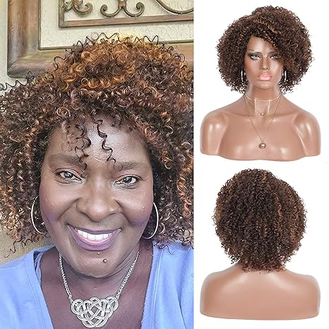 Wig store-Curly-Kalyss Brown Highlights Short Afro Kinky Curly Wigs for Black Women Premium Synthetic Hair Wigs with Hair Bangs 150% Density Bouncy and Full Natural Looking Hair Wigs 2 Wig store-Curly-Kalyss Brown Highlights Short Afro Kinky Curly Wigs for Black Women Premium Synthetic Hair Wigs with Hair Bangs 150% Density Bouncy and Full Natural Looking Hair Wigs - Image 2