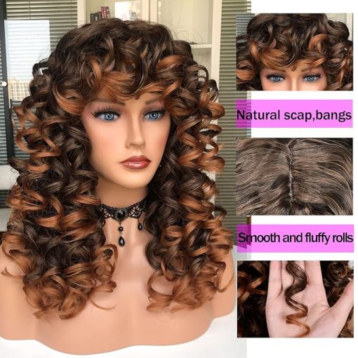 Wig store-Curly-Annivia Curly Wig with Bangs for Black Women Ombre Brown Kinky Long Curly Wig Synthetic Hair Daily Use Cosplay 17 Inch - Image 3