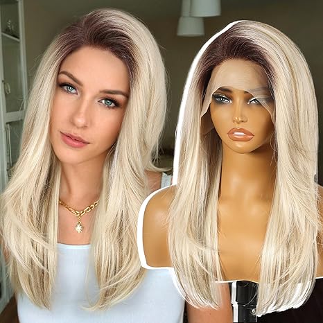 Wig store-Straight-KOME Ombre Blonde Synthetic Lace Front Wig-13X6 Long Straight Layered Glueless Wigs Pre Plucked for Women Daily Use 22IN(TT6/2163#) Wig store-Straight-KOME Ombre Blonde Synthetic Lace Front Wig-13X6 Long Straight Layered Glueless Wigs Pre Plucked for Women Daily Use 22IN(TT6/2163#)