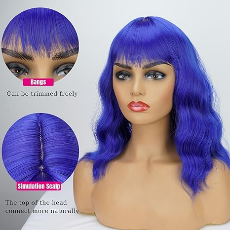 Wig store-Wavy-Blue Wigs for Black Women Soft Short Bob Style Wigs with Bangs for Women Synthetic Shoulder Length Women’s Curly Wigs for Cosplay Halloween Costumes Daily (Blue) 3 Wig store-Wavy-Blue Wigs for Black Women Soft Short Bob Style Wigs with Bangs for Women Synthetic Shoulder Length Women's Curly Wigs for Cosplay Halloween Costumes Daily (Blue) - Image 3