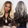Wig store-Wavy-Allbell Long Wavy Lace Front Wig for Black Women Natural Brown Hair with Blonde Highlights Middle Part 13x4x1 Synthetic Lace Wigs Heat Resistant Fiber