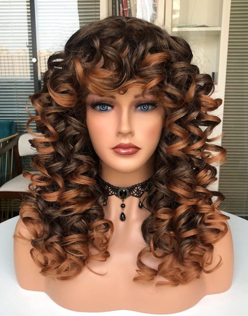 Wig store-Curly-Annivia Curly Wig with Bangs for Black Women Ombre Brown Kinky Long Curly Wig Synthetic Hair Daily Use Cosplay 17 Inch