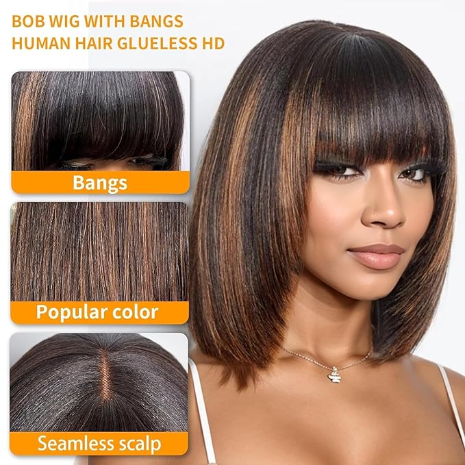 Wig store-Straight-Bob Wig Human Hair with Bangs Glueless 2.5×1 HD Lace Colsure Wigs Human-Yaki Bob Wig with Brown Highlights 3 Wig store-Straight-Bob Wig Human Hair with Bangs Glueless 2.5x1 HD Lace Colsure Wigs Human-Yaki Bob Wig with Brown Highlights - Image 3