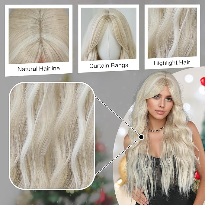 Wig store-Curly-7JHH WIGS Long Wavy Ash Blonde Wig with Curtain Bangs Heat Resistant Fiber Layered Synthetic Curly Wig for Cosplay Christmas Gifts Party Used 3 Wig store-Curly-7JHH WIGS Long Wavy Ash Blonde Wig with Curtain Bangs Heat Resistant Fiber Layered Synthetic Curly Wig for Cosplay Christmas Gifts Party Used - Image 3