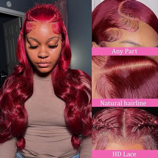 Wig store-Wavy-99j Burgundy Lace Front Wigs Human Hair 13x4 HD Transparent Body Wave Lace Front Wigs Human Hair Pre Plucked 180% Density Glueless Wine Red Human Hair Wigs for Women (24) - Image 2