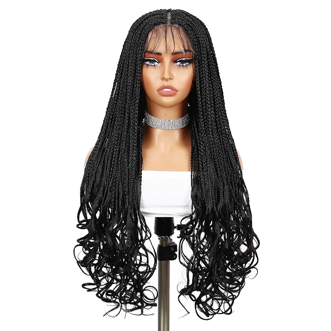 Wig store-Braid-Braided Full Lace Wigs Knotless Box Braid Curly Ends Wig for Black Women 28 Inches Square Braided Lace Synthetic Black Hair 2 Wig store-Braid-Braided Full Lace Wigs Knotless Box Braid Curly Ends Wig for Black Women 28 Inches Square Braided Lace Synthetic Black Hair - Image 2