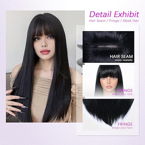 Wig store-Straight-Black Wig with Bangs for Women – Long Straight Heat Resistant Synthetic Wig for Daily Use- Party 3 Wig store-Straight-Black Wig with Bangs for Women – Long Straight Heat Resistant Synthetic Wig for Daily Use- Party - Image 3