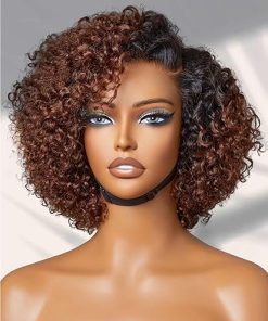 Wig store-Curly-LUVME HAIR Kinky Curly Wig 12 Inch Ombre Mix Brown Bob Wig Glueless HD Wig Human Hair Pre Cut Glueless HD Lace Closure Wig- C-Side Parted Short Curly Wigs For Women