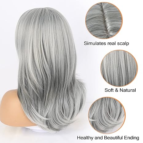 Wig store-Wavy-Layered Grey Wigs for White Women Synthetic Wig with Bangs Highlight Gray Wavy Wig- 16inch Salt and Pepper Wigs for Women Hair Replacement Wigs for Daily Party Use(Grey Wig) 3 Wig store-Wavy-Layered Grey Wigs for White Women Synthetic Wig with Bangs Highlight Gray Wavy Wig- 16inch Salt and Pepper Wigs for Women Hair Replacement Wigs for Daily Party Use(Grey Wig) - Image 3