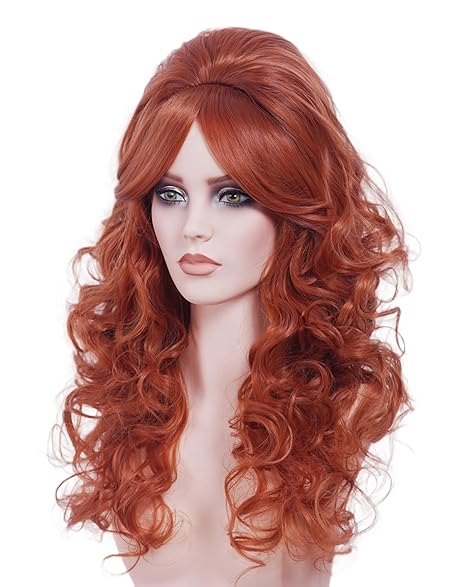 Wig store-Wavy-22 Inches Retro Beehive Ginger Wigs for Women Long Wavy Copper Red Wig with Bangs Synthetic Natural Auburn Wig for 60s 70s 80s Cosplay-Halloween Wig store-Wavy-22 Inches Retro Beehive Ginger Wigs for Women Long Wavy Copper Red Wig with Bangs Synthetic Natural Auburn Wig for 60s 70s 80s Cosplay-Halloween