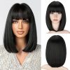 Wig store-Straight-Lusina Short Straight Bob Wig with Bangs Human Hair Brazilian Virgin Human Hair Wigs for Black Women None Lace Front Wigs Wear and Go Glueless Machine Made Bob Wigs Natural Black 14 Inch